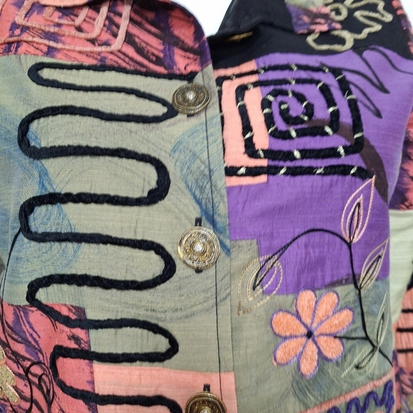 Alex Kim Multicolor Embroidered Floral Patchwork Bohemian Art to Wear Jacket- M - Picture 7 of 13